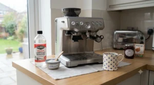 A bottle of specialized descaling solution and a bowl of citric acid powder next to a modern espresso machine on a British kitchen counter.