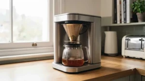 Filter coffee machine brewing a fresh pot using a gold-tone reusable metal coffee filter.