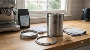 Disassembled components of an easy-to-clean stainless steel coffee canister.