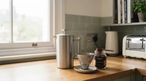 Zero-waste kitchen setup featuring a reusable metal coffee filter and a cafetière on a wooden countertop.