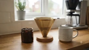 Zero-waste lifestyle flat lay featuring a gold-tone coffee filter, a jar of coffee beans, and a favourite mug.