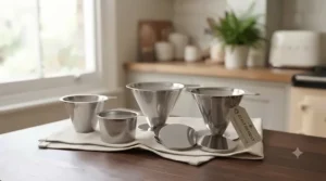 A selection of sustainable, zero-waste stainless steel metal coffee filters designed for everyday kitchen use.