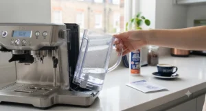 Removing and emptying the water reservoir from a bean-to-cup coffee machine before cleaning.