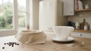 Comparison of a textured flannel coffee filter alongside a standard bleached paper filter on a wooden countertop.