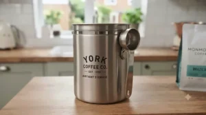 Comparison of amber glass and brushed steel airtight coffee canisters side by side on a wooden shelf.