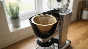 A cone-shaped gold-tone coffee filter placed neatly inside a standard electric drip filter coffee maker.