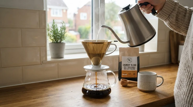 A reusable gold-tone coffee filter sitting inside a ceramic pour-over cone on a kitchen worktop, ready for brewing morning coffee. gold-tone coffee filter