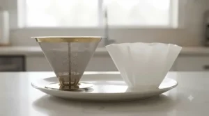 Side-by-side comparison of a wire mesh gold-tone coffee filter next to a standard white paper filter.