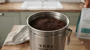 Freshly ground speciality coffee stored securely inside a matte black airtight coffee canister.