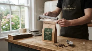 Artisan roaster using a heat sealer to seal the top of a filled resealable coffee bag.