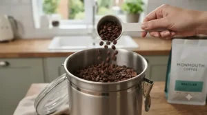 Close-up of whole coffee beans being poured into an airtight canister to prevent oxidation.
