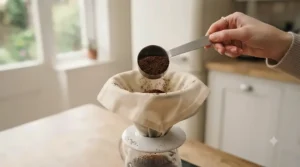 Step-by-step guide showing medium-ground coffee being added to a clean fabric coffee filter for sustainable brewing.