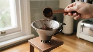 Step-by-step guide showing medium-ground coffee being added to a permanent metal coffee filter.
