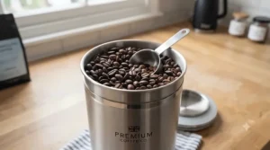 Large stainless steel coffee canister holding a standard 500g bag of coffee beans.