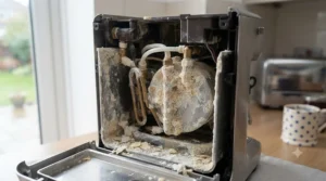 Close-up view of chalky white limescale buildup inside a coffee machine water tank caused by hard water in the UK.