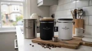 A stylish matte black affordable coffee storage canister complementing a modern kitchen aesthetic.