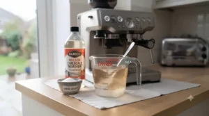 A teaspoon measuring food-grade citric acid powder into a jug of warm water for cleaning a coffee maker.