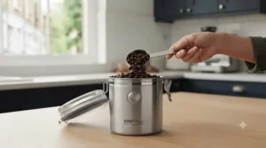 Someone using a magnetic measuring scoop to take specialty coffee out of an open vacuum sealed coffee container.