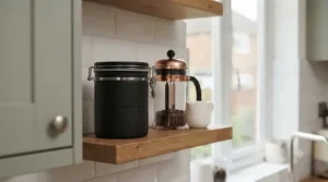 An airtight coffee canister with a magnetic stainless steel measuring scoop attached to the side.