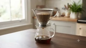 Close-up of a reusable mesh metal filter allowing rich coffee oils and a full-bodied mouthfeel into the cup.