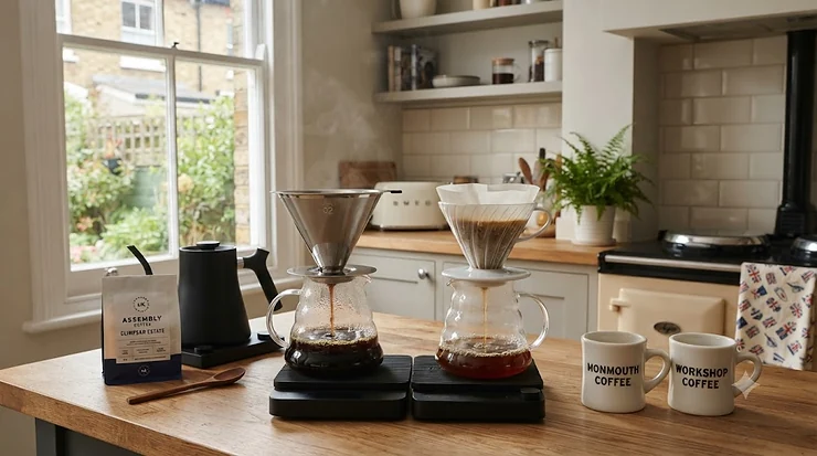 Side-by-side comparison of a stainless steel coffee filter and a paper filter in a v60 dripper, demonstrating the choice between metal and paper filters for coffee brewing. metal filter vs paper filter for coffee