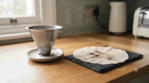 Side-by-side comparison of a reusable metal coffee filter and a disposable paper filter.