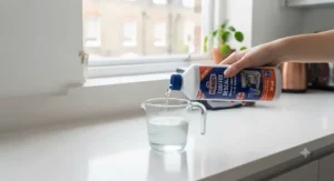 Pouring liquid descaler into a measuring jug of fresh water for a home coffee maker.