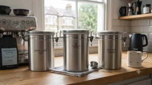 Versatile stainless steel canister suitable for storing coffee beans, tea, or sugar.