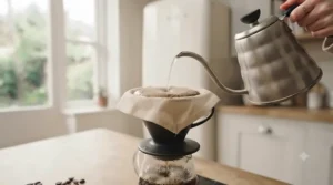 Hot water being slowly poured over freshly ground coffee in a fabric pour-over filter, creating a rich bloom.