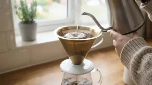 Hot water being slowly poured from a gooseneck kettle over a gold-tone coffee filter during a manual pour-over brew.