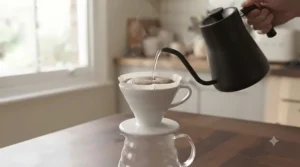 A barista pouring hot water from a gooseneck kettle into a cone dripper lined with a white paper coffee filter.