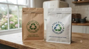 Kraft paper compostable and recyclable resealable coffee bags displayed in a packaging studio.