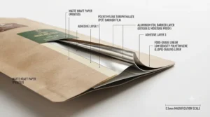 Cross-section diagram showing the foil and metallic barrier layers inside a resealable coffee bag to keep beans fresh.