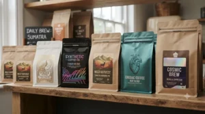 Neat row of stand-up resealable coffee bags displayed on a wooden shelf in an independent British coffee shop.