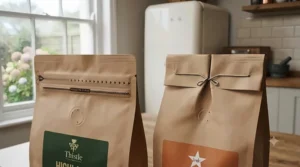 Comparison of different closure mechanisms including press-to-seal zippers and wire tin ties on coffee bags.