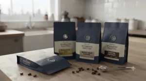 Assorted resealable valve coffee bags displayed alongside roasted beans and brewing equipment.