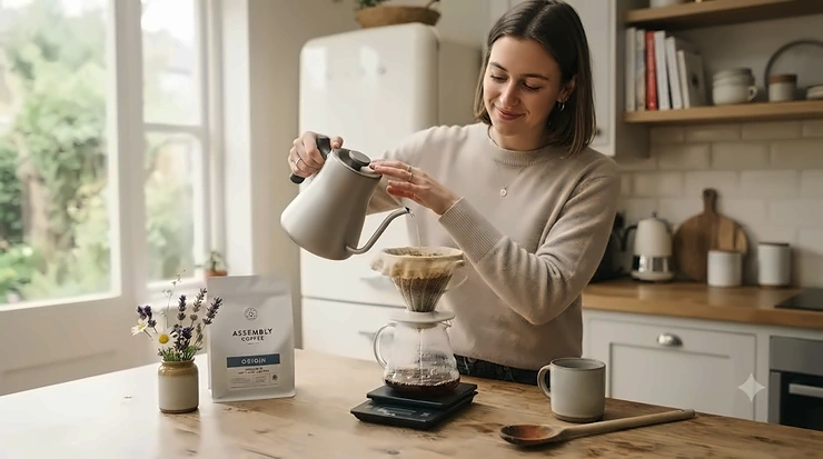 A reusable organic cotton cloth coffee filter resting on a ceramic pour-over dripper in a modern British kitchen. cloth coffee filter