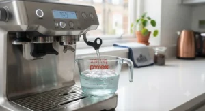 Coffee machine running its automatic descaling cycle into a jug placed on the drip tray.