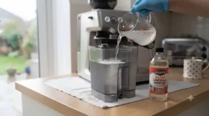 Pouring a descaling mixture into the water reservoir to start the automated descaling programme on a coffee machine.