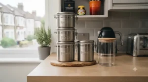 Space-saving stackable stainless steel canisters ideal for compact British kitchen worktops.