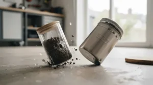 Stainless steel canister showing superior durability compared to fragile glass jars for daily kitchen use.