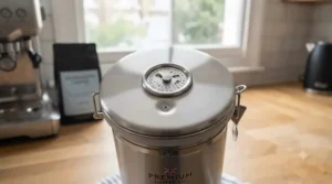 Built-in freshness date tracker dial on the lid of a brushed stainless steel coffee canister.