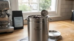 Stainless steel coffee canister displayed alongside a matching magnetic coffee scoop.