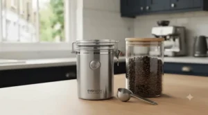 A durable stainless steel vacuum sealed coffee container next to a clear glass storage jar on a wooden shelf.