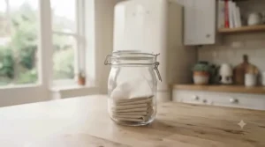Neatly folded organic cotton cloth coffee filters stored in an airtight glass jar on a kitchen shelf.