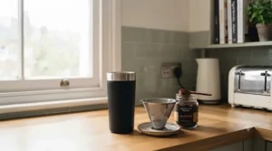 Collection of sustainable morning essentials including a reusable metal coffee filter and travel mug.