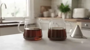 Two mugs of black coffee showing the subtle flavour profile differences between a paper-filtered and a metal-filtered brew.