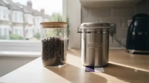 Stainless steel coffee canister blocking light to protect beans from UV degradation better than clear glass.