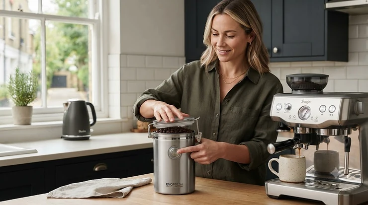A stainless steel vacuum sealed coffee container on a modern British kitchen worktop, keeping artisan coffee beans fresh. vacuum sealed coffee container