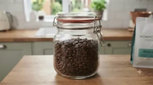 Cross-section diagram showing the airtight silicone seal and locking clamp mechanism of a coffee storage jar.